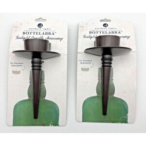 Northern Lights Bottelabra Wine Bottle TEALIGHT Candle Holder Bronze Set 2 NEW